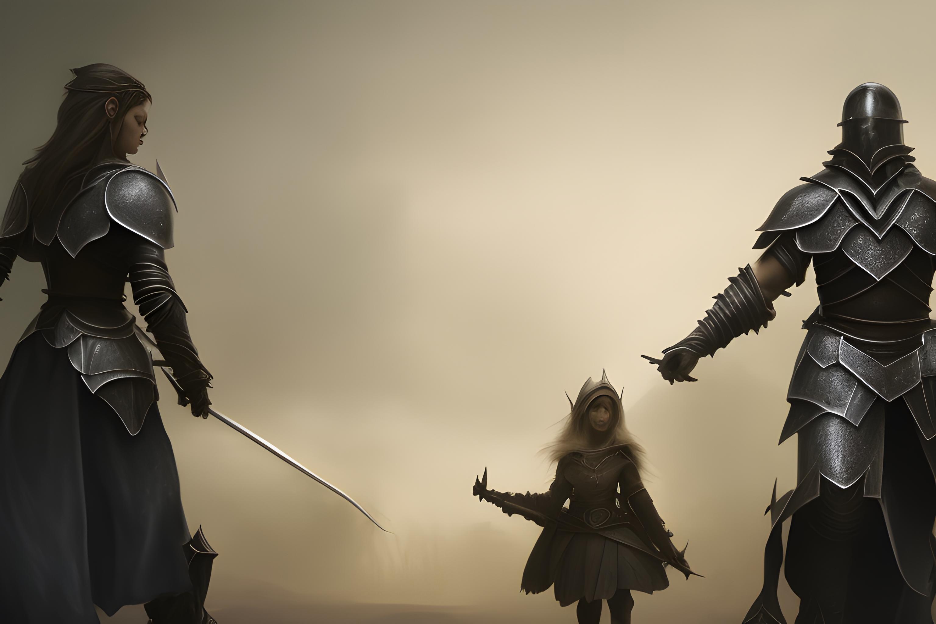A breathtaking ultra-realistic cinematic dark fantasy illustration of a mysterious armored guardian protecting a wounded young elf woman while walking away from a burning village.
The guardian is a towering male warrior wearing a full suit of ancient black steel plate armor, handcrafted by master blacksmiths. Every armor plate is covered with subtle engraved geometric patterns, layered overlapping plates, visible rivets, weathering, scratches and realistic metallic reflections. The armor looks heavy, practical and historically believable rather than fantasy oversized. His helmet completely hides his face behind a deep black visor, making him anonymous and intimidating. A dark hood is worn over the helmet, casting even deeper shadows over the face. Around his waist hangs a worn dark crimson